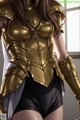 A woman in a gold armor is posing for a picture.